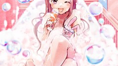 Brown bathing drinks sitting legs smiling long hair barefoot 
