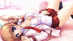 Brown blush anime girls blue eyes bra purple eyes lying down 