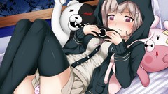 Brown blush anime girls purple eyes lying down underwear 