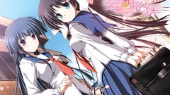 Brown red eyes blue hair long hair anime girls seifuku cherry 