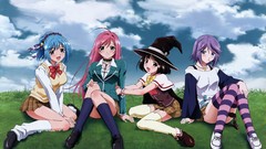 Brown stockings blue hair pink hair long hair green eyes school 