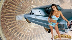 Brunettes models classic cars girls with cars retro cars