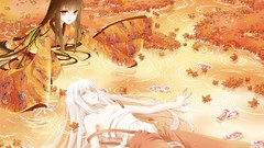 Brunettes water touhou leaves