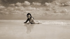 Brunettes woman clouds bikini