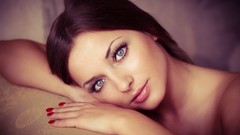 Brunettes woman couch blue