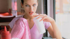 Brunettes woman pants ketchup