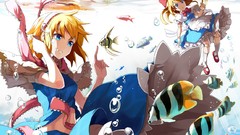 Bubbles fish dress underwater Ribbons blondes anime girls blue 