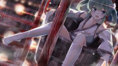 Bucket kimono anime girls blue eyes short hair green hair 