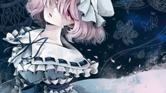 Butterflies dress hats blue background Ribbons bows pink hair 