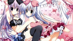 Butterflies Ribbons long hair anime girls gray hair cleavage 