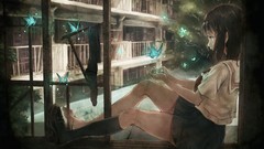 Butterflies socks sitting buildings school uniforms short hair 