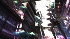 Butterflies weapons Katana gloves Swords buildings long hair 