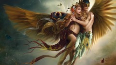 Butterflies wings feathers embrace flying Ribbons masks lovers 