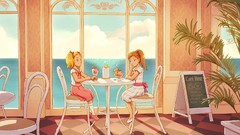 Cafe Tables ice cream lunch anime girls window panes