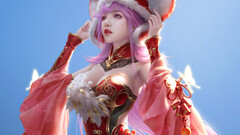 Cai DongYan pink hair blue background dress cleavage digital art