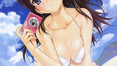 Cameras blush anime girls blue eyes happoubi jin cleavage 