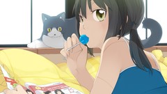 Candies anime girls yellow eyes black hair twintails lollipops 