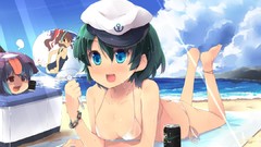 Cap Anime drinks Beaches blue hair anime girls blue eyes brown 