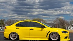 Car stance yellow cars Mitsubishi Lancer Evo X Mitsubishi