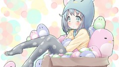 Cardboard hats blue hair anime girls blue eyes short hair 