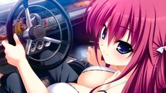 Cars steering wheel sitting driving bows pants long hair anime 