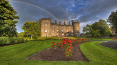 castle rainbows lawns red flowers building Garden Park Trees sky
