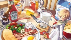 Cats eggs honey milk fork salad bacon anime girls ketchup tiny
