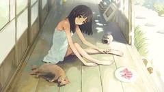 Cats watermelons barefoot anime girls black hair black eyes 