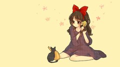 Cats yellow background long hair anime girls brown eyes 