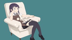 Chairs blue background sitting blue hair long hair anime girls 