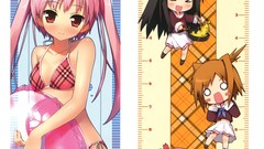 Chibi red eyes pink hair anime girls ruler brunettes school 