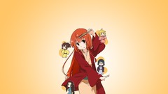 Chibi yellow background fans long hair anime girls brown eyes 