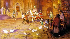 Chickens Horses interior hay Knights Castles artwork fantasy 