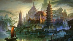 China Boats paintings architecture lakes buildings artwork 