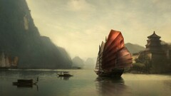 China sailing ship reflection castle Mountains artwork ship