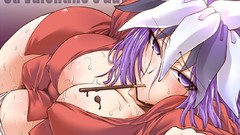 Chocolate wet purple hair purple eyes lying down ecchi cleavage 