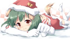 Christmas hats anime girls brown eyes macross frontier green 
