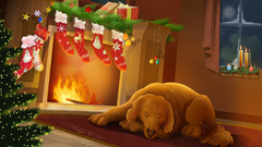 Christmas sleeping dog fireplace
