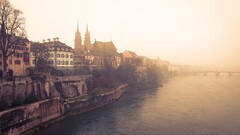 Church mist switzerland Basel cityscape river water