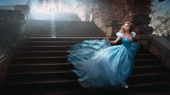 Cinderella Scarlett Johansson stairs annie leibovitz blue dress 