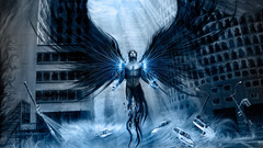 City blue dark Apocalypse man wings angel