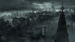 cityscape dark monochrome fantasy city ship fantasy art night