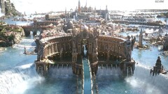 cityscape digital art Lake castle City fantasy art waterfall