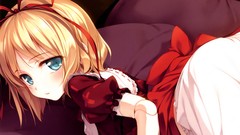 Close-up dress Ribbons faces red dress blondes pillows blush 