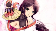 Close-up faces fans long hair anime girls green eyes brunettes 