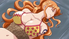 Closed eyes cleavage tied One Piece (anime) huge boobs bikini 