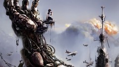 Clouds Aircraft hands arm binoculars anime girls school 