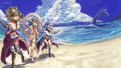 Clouds Anime armor red eyes Beaches blue hair green hair purple 