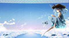 Clouds Anime hats long hair barefoot anime girls blue eyes 