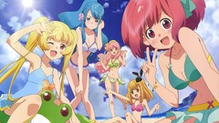 Clouds Anime ice cream red eyes Beaches blondes blue hair pink 